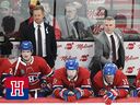 Montreal Canadiens head coach Martin St-Louis and assistant coach Trevor Letowski look on from the bench during the team's game against the Vegas Golden Knights on Nov. 23, 2024.