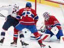With three wins in four games, Canadiens hope they've turned the corner 5 Canadiens goaltender Sam Montembeault makes a save as Blue Jackets' Mathieu Olivier and Canadiens' Arber Xhekaj battle for the puck in front of the neck Saturday night at the Bell Centre.