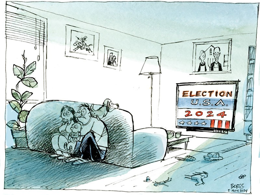 cartoon of a family cowering in fear behind their couch as a coverage of the 2024 american election plays on the television