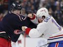 Canadiens forward Brendan Gallagher took off the gloves against Blue Jackets defenseman Zach Werenski during the second period in Columbus, Ohio on Wednesday, Nov. 27, 2024. It won him continued respect from his fellow Habs.