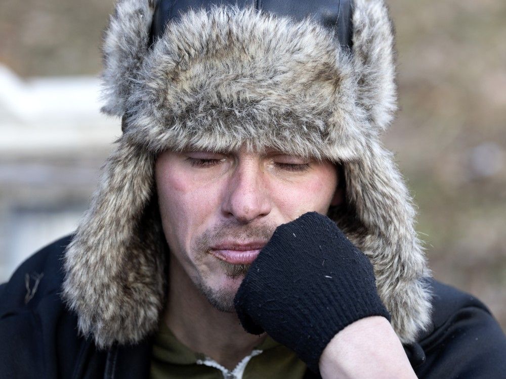  devint vézina gets emotional as he speaks about trying to save his belongings as montreal police clear the notre-dame st. encampment in montreal, on monday, dec. 2, 2024.