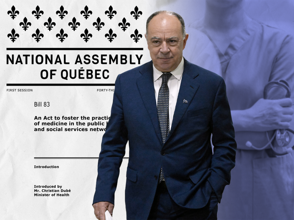 composite graphic showing quebec health minister christian dubé standing in front of the cover page for bill 83 and a row of doctors with their arms crossed holding stethoscopes