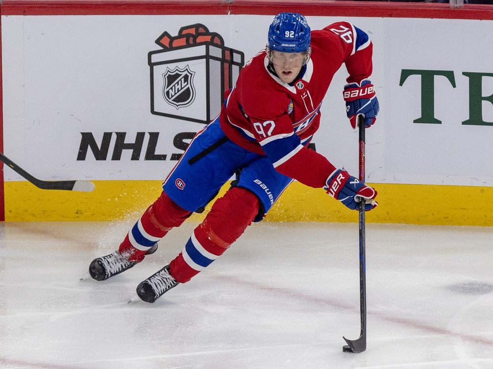 Montreal Canadiens' Patrick Laine controls the puck on the ice
