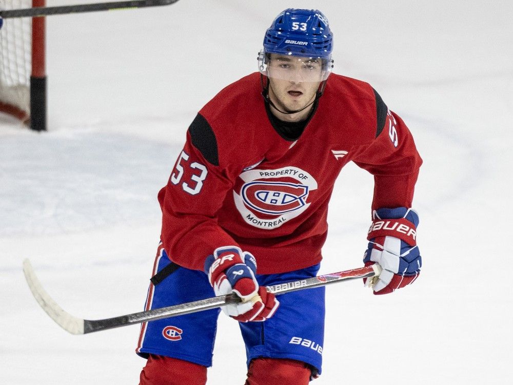  Defenceman Noah Dobson follows the play during Canadiens training camp scrimmage in Brossard on Sept. 18.