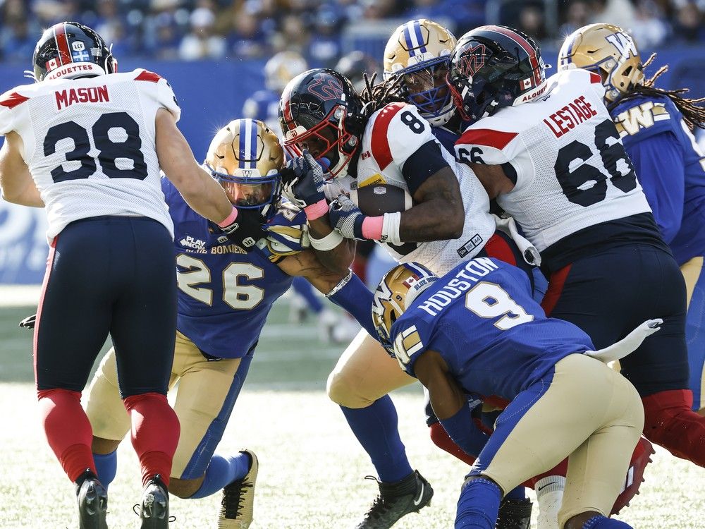 Alouettes’ Stevie Scott III runs for a first down against the Blue Bombers in Winnipeg on Oct. 25. Alouettes’ Stevie Scott III runs for a first down against the Blue Bombers in Winnipeg on Oct. 25.
