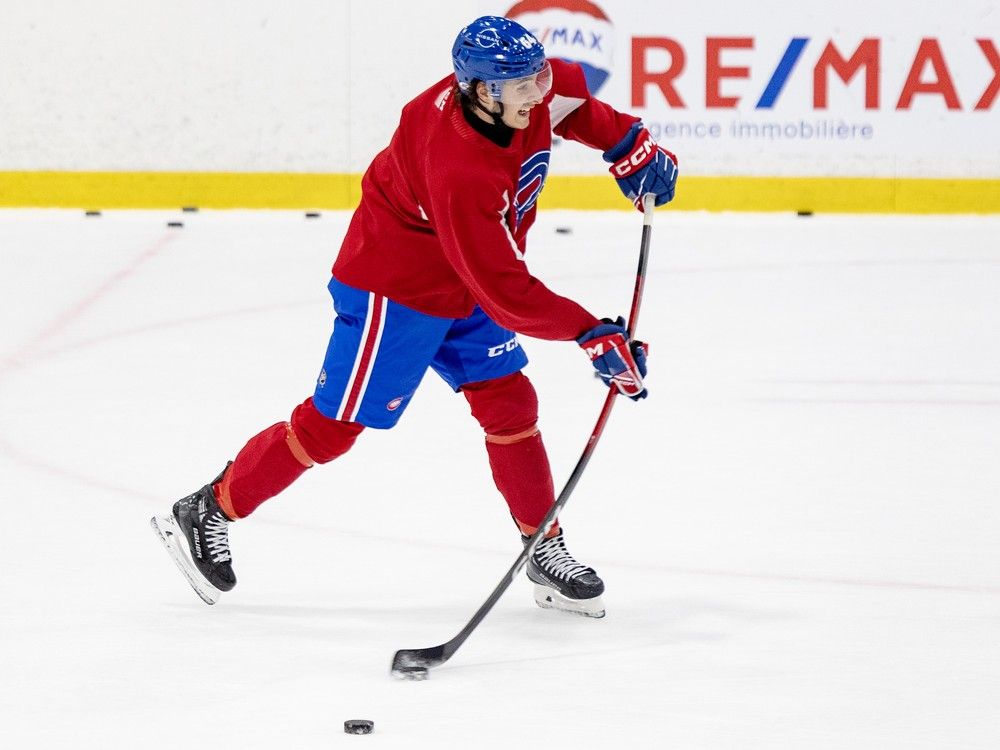  Laval Rocket defenceman David Reinbacher shoots during practice in Laval on May 27.