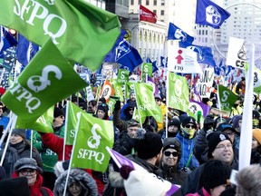 Protesters carry flags at a large protest.