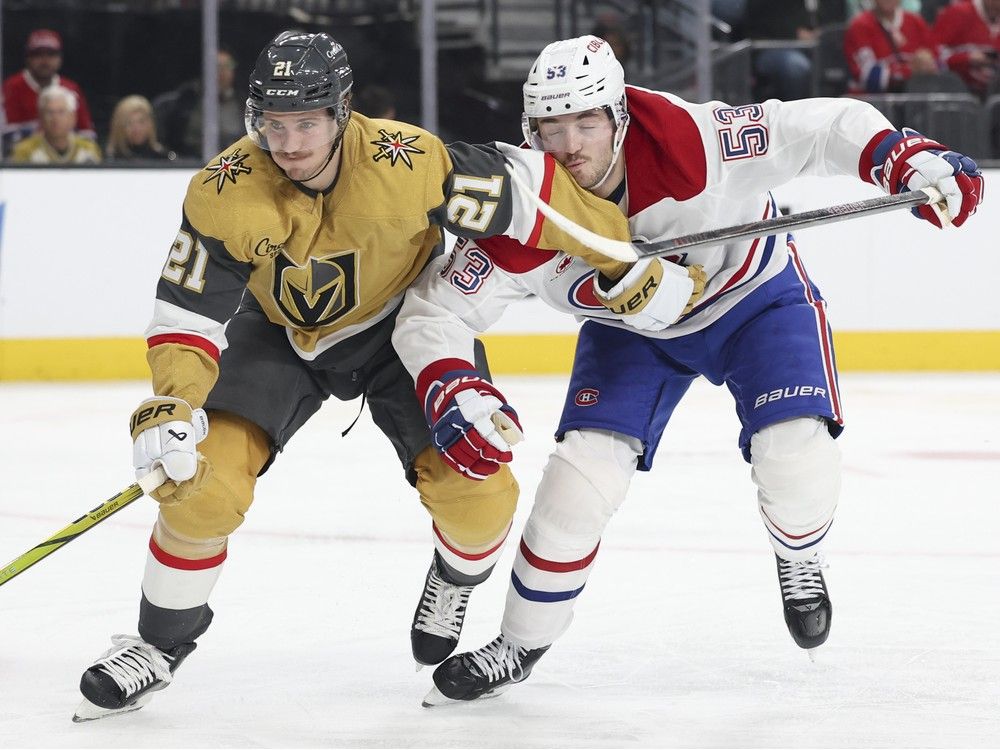  Canadiens’ Noah Dobson (53) and Vegas Golden Knights’ Brett Howden (21) collide at the T-Mobile Arena on Friday, Nov. 28, 2025, in Las Vegas.