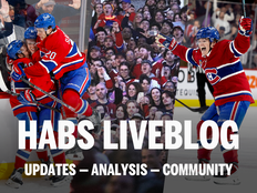 Triptych of Montreal Canadiens players celebrating with text that reads: Habs Liveblog. Updates. Analysis. Community.