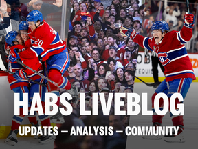 Triptych of Montreal Canadiens players celebrating with text that reads: Habs Liveblog. Updates. Analysis. Community.