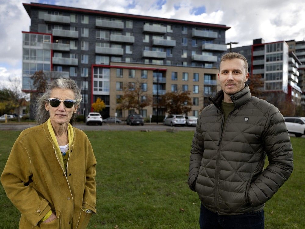  alexandra ghantous and marc-Étienne lévesque are opposed to a proposed complex that would be about double the height of the rouge condos behind them.