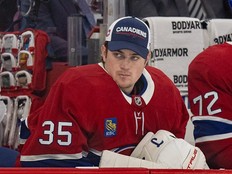 MONTREAL, QUE.: \November\ 20, 2025 -- Montreal Canadiens Sam Montembeault watches from the bench after being pulled from the game against the Washington Capitals during second period of National Hockey League game in Montreal Thursday November 20, 2025. (John Mahoney / MONTREAL GAZETTE)