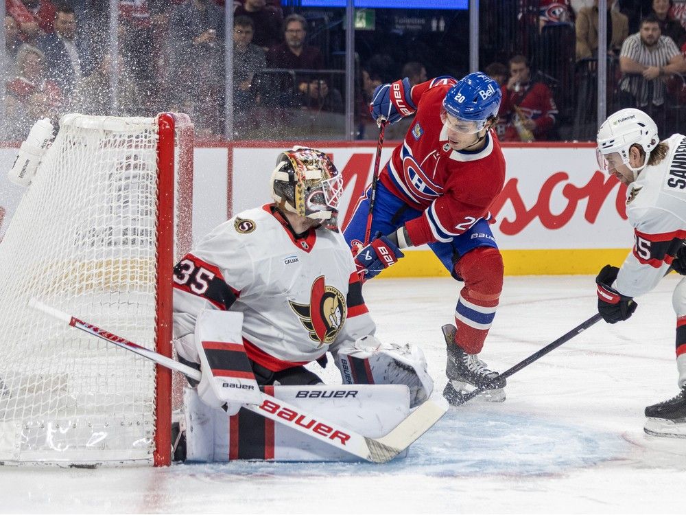  Montreal Canadiens’ Juraj Slafkovsky scores on Ottawa Senators goalie Linus Ullmark as defenceman Jake Sanderson gets there too late during the first period of a National Hockey League game in Montreal Tuesday Dec. 2, 2025.