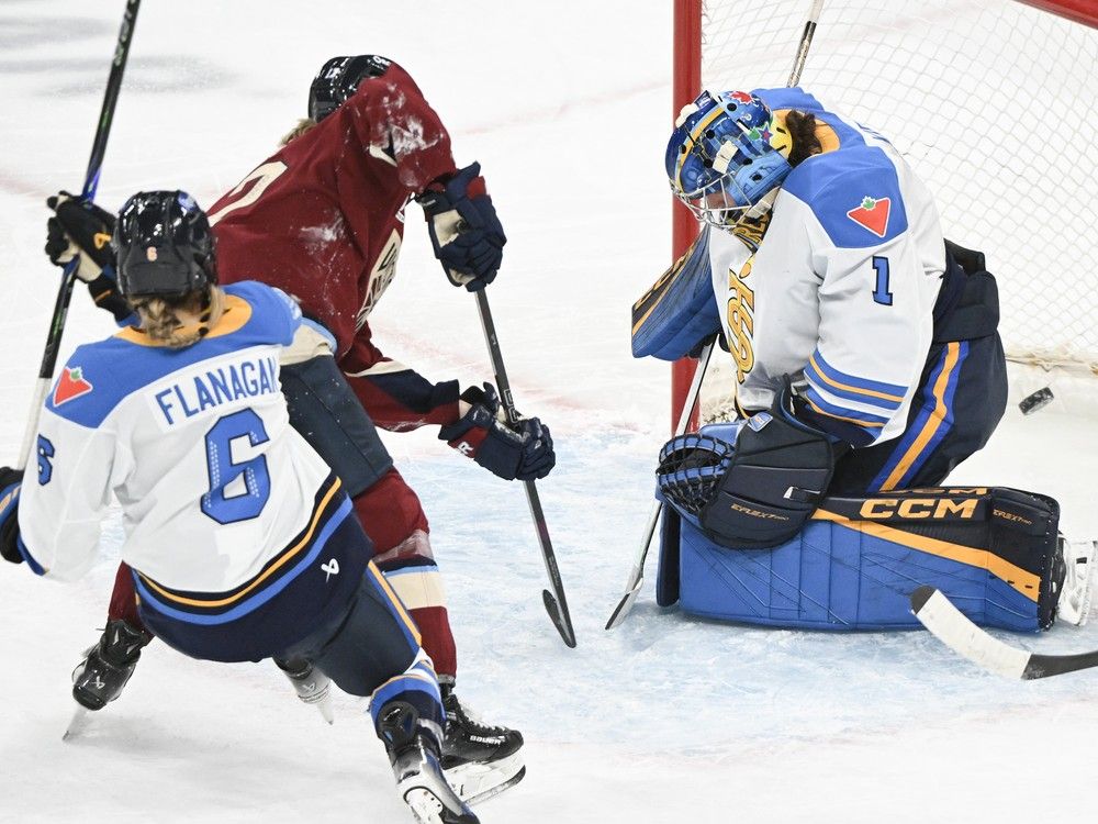 Montreal Victoire’s Dara Greig positions for a rebound as Hayley Scamurra’s shot beats Toronto Sceptres goaltender Raygan Kirk on Sunday in Laval. Montreal Victoire’s Dara Greig positions for a rebound as Hayley Scamurra’s shot beats Toronto Sceptres goaltender Raygan Kirk on Sunday in Laval.