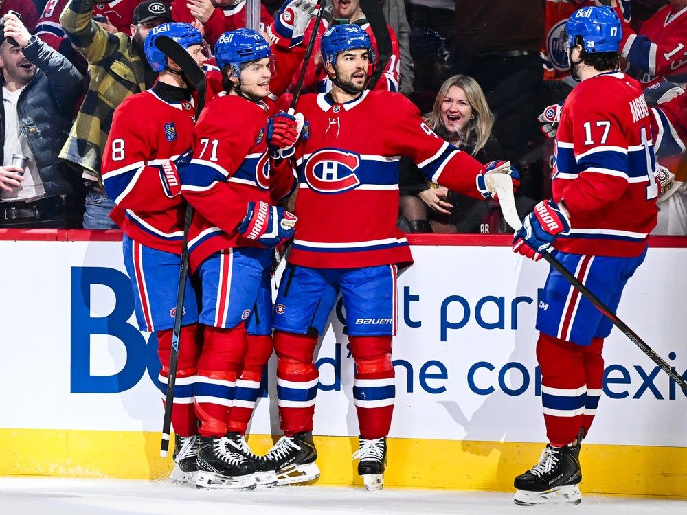 Canadiens forward Joe Veleno, centre, celebrates his goal with Mike Matheson, from left, Jake Evans and Josh Anderson during the second period against the Edmonton Oilers in Montreal on Sunday night. Canadiens forward Joe Veleno, centre, celebrates his goal with Mike Matheson, from left, Jake Evans and Josh Anderson during the second period against the Edmonton Oilers in Montreal on Sunday night.