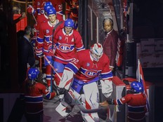 Montreal Canadiens goalie Jacob Fowler leads his teammates onto the ice