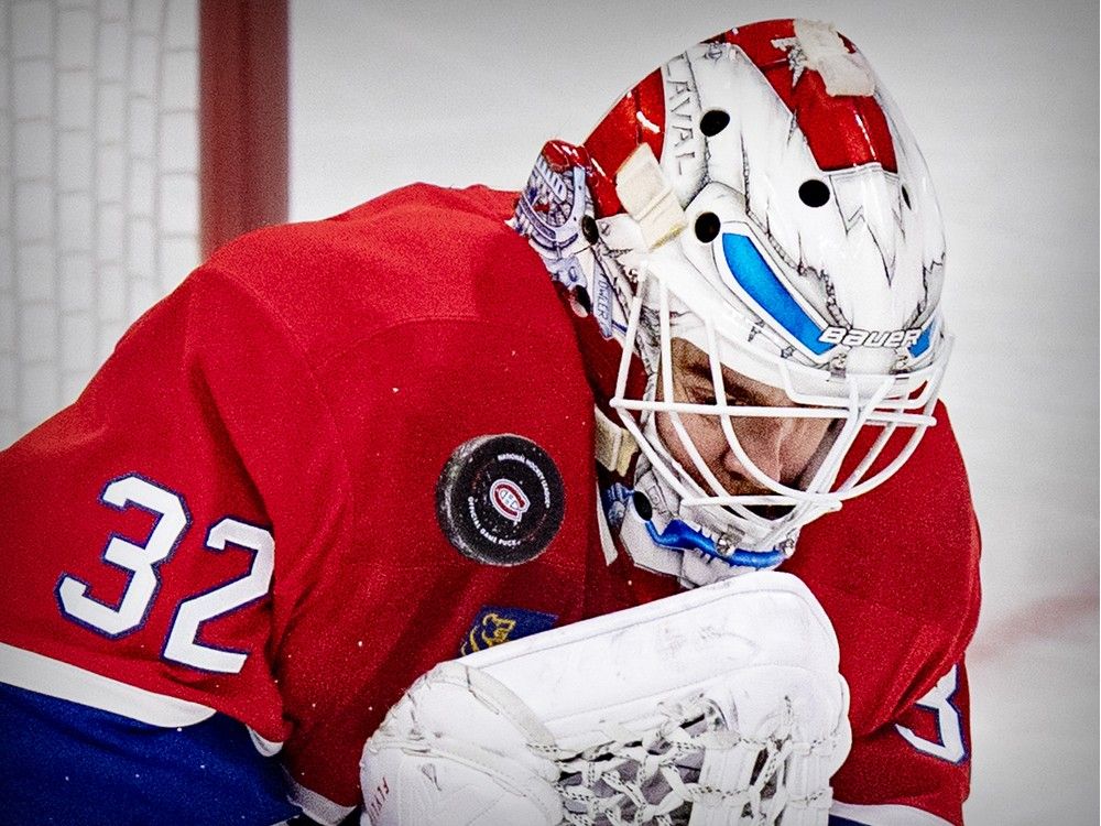 Canadiens rookie Jacob Fowler makes a save during second period against the Philadelphia Flyers on Tuesday. Canadiens rookie Jacob Fowler makes a save during second period against the Philadelphia Flyers on Tuesday.