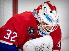 Canadiens rookie Jacob Fowler makes a save during second period against the Philadelphia Flyers on Tuesday.