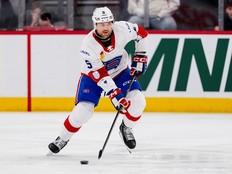 A close-up of Rocket defenceman Nate Clurman on the ice in Laval.