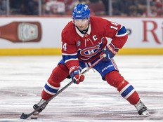 Montreal Canadiens Nick Suzuki in action against the Dallas Stars during third period of National Hockey League game in Montreal Thursday November 13, 2025.