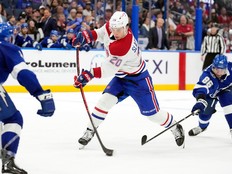 Canadiens' Juraj Slafkovsky unloads shot against the Lightning during the third period Sunday in Tampa, Fla.