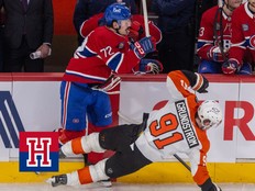 MONTREAL, QUE.: \December\ 16, 2025 -- Montreal Canadiens Arber Xhekaj knocks down Philadelphia Flyers Carl Grundstrom during second period of National Hockey League game in Montreal Tuesday December 16, 2025. (John Mahoney / MONTREAL GAZETTE)