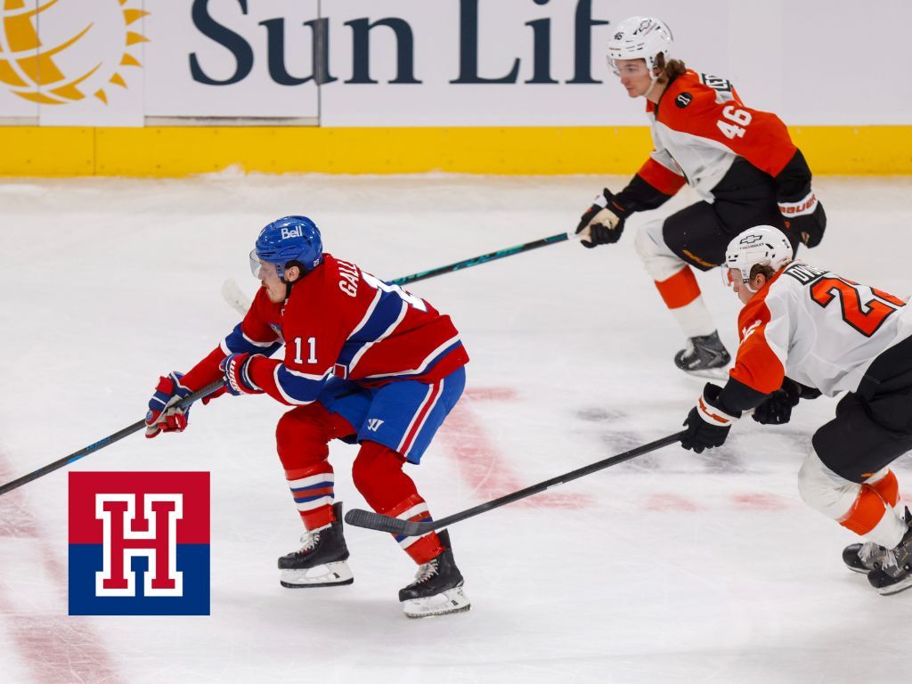 MONTREAL, QUE.: \December\ 16, 2025 -- Montreal Canadiens Brendan Gallagher skates across centre ice with the puck while being chased by Philadelphia Flyers Trevor Zegras and Christian Dvorak during first period of National Hockey League game in Montreal Tuesday December 16, 2025. (John Mahoney / MONTREAL GAZETTE)