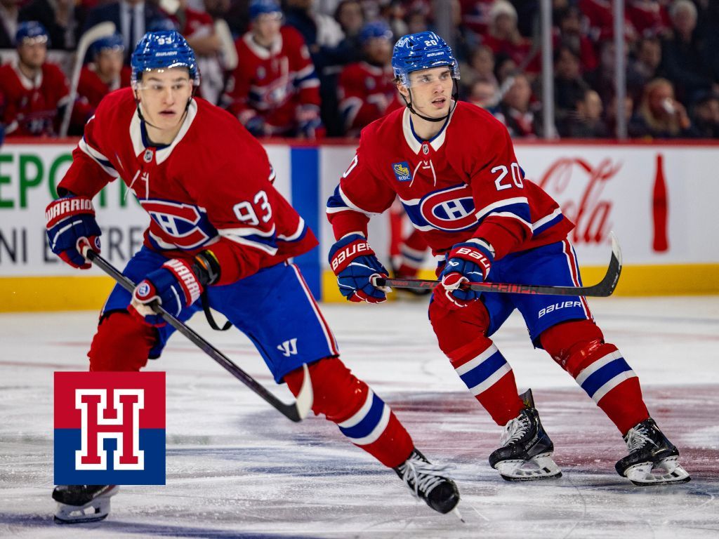 MONTREAL, QUE.: \November\ 20, 2025 -- Montreal Canadiens Ivan Demidov, left, and Juraj Slafkovsky skate together during third period of National Hockey League game against the Washington Capitals in Montreal Thursday November 20, 2025. (John Mahoney / MONTREAL GAZETTE)