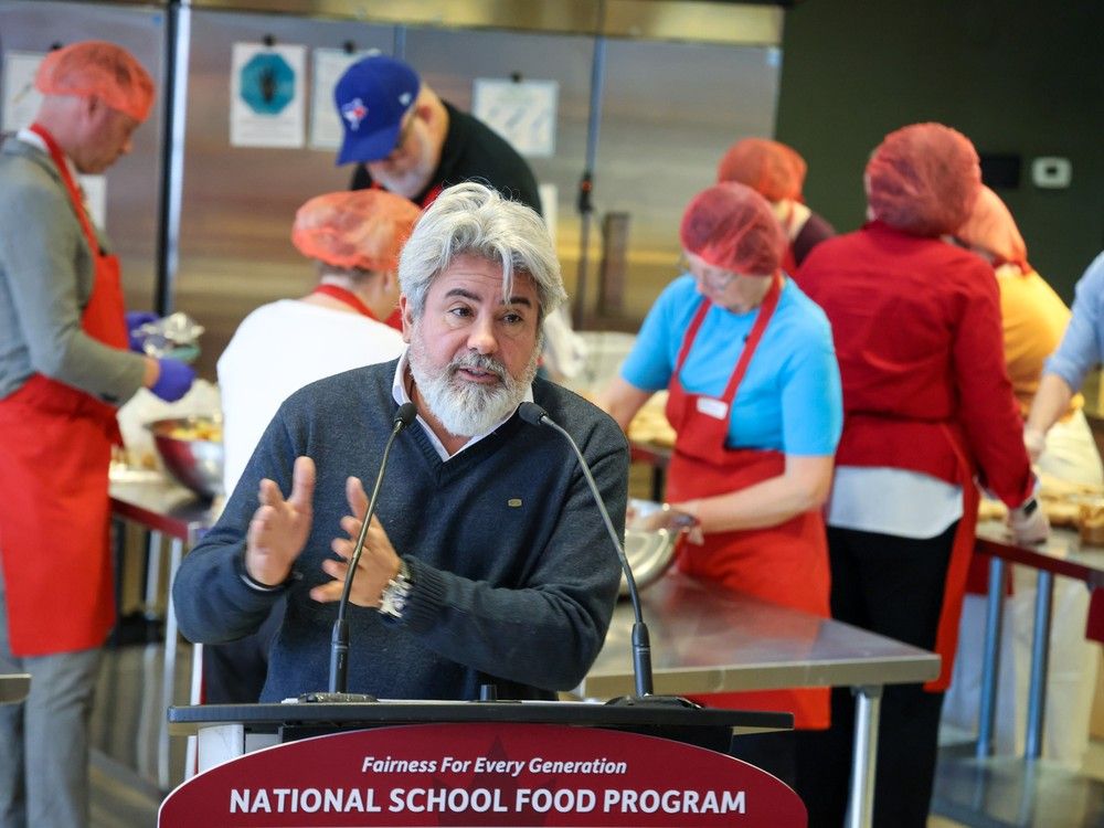  As a federal minister in 2024, Pablo Rodriguez announces a $1-billion National School Food Program at Brown Bagging for Calgary’s Kids.
