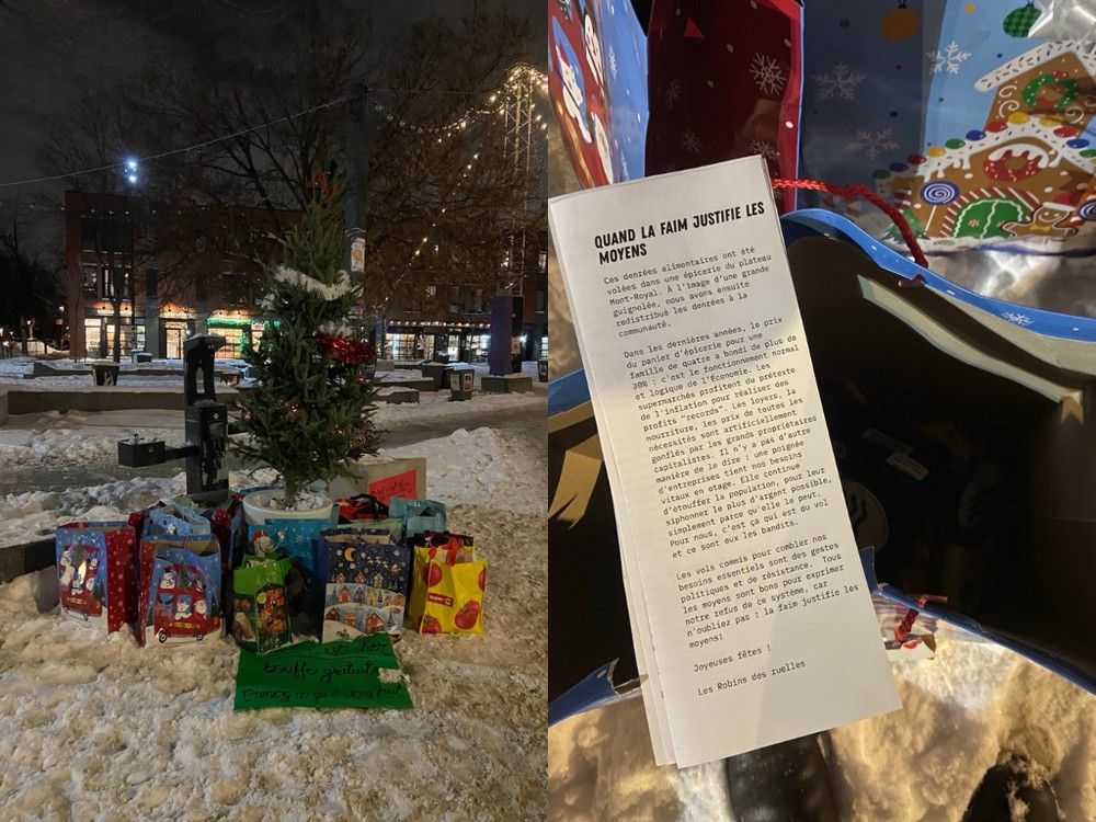  Food stolen from a Metro grocery store in Montreal on Dec. 15, 2025 was placed under nearby tree with a note from the alleged thieves.