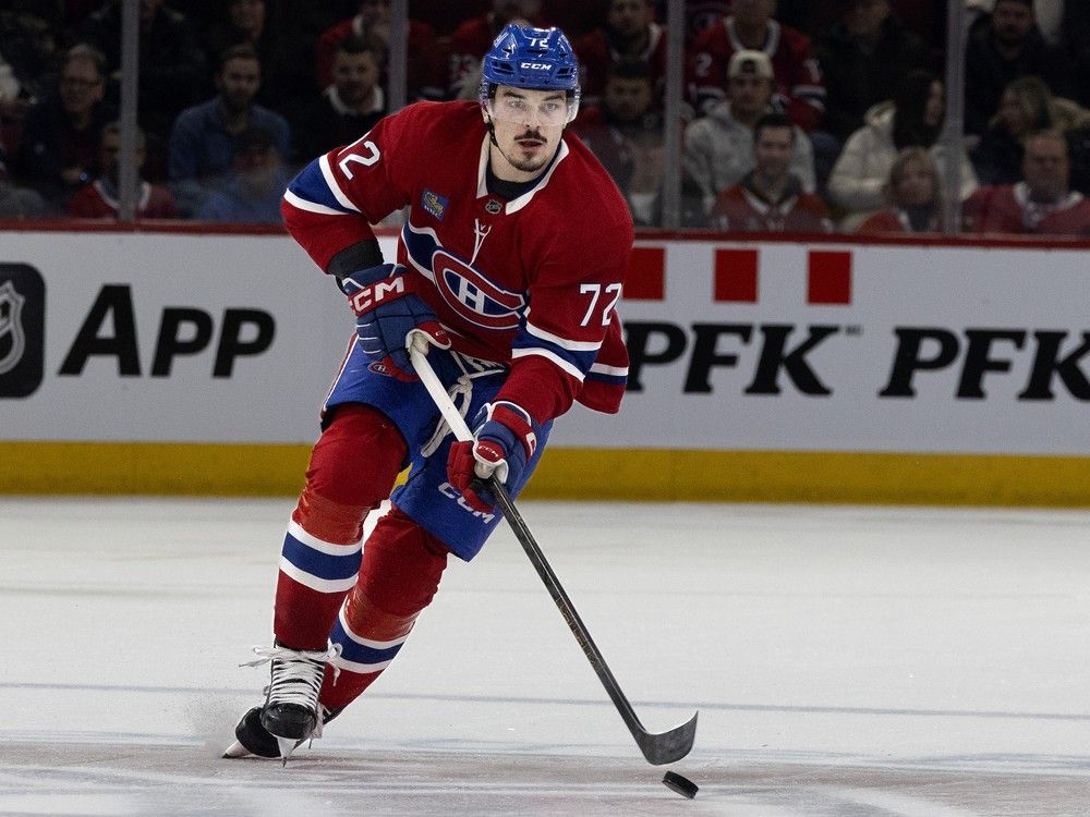  Canadiens defenceman Arber Xhekaj carries the puck during third period of 4-1 win over the Calgary Flames in Montreal on Jan. 7.
