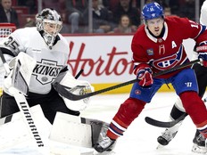 Canadiens' Brendan Gallagher parks himself in front of Kings goalie Darcy Kuemper.
