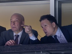 Canadiens president of hockey operations Jeff Gorton points out something to general manager Kent Hughes during game against the Florida Panthers in Montreal on Jan. 8, 2026.