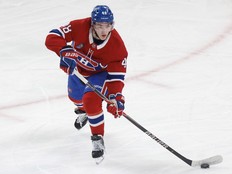 Canadiens' Lane Hutson passes the puck during first period of National Hockey League game against the Philadelphia Flyers in Montreal Tuesday December 16, 2025.