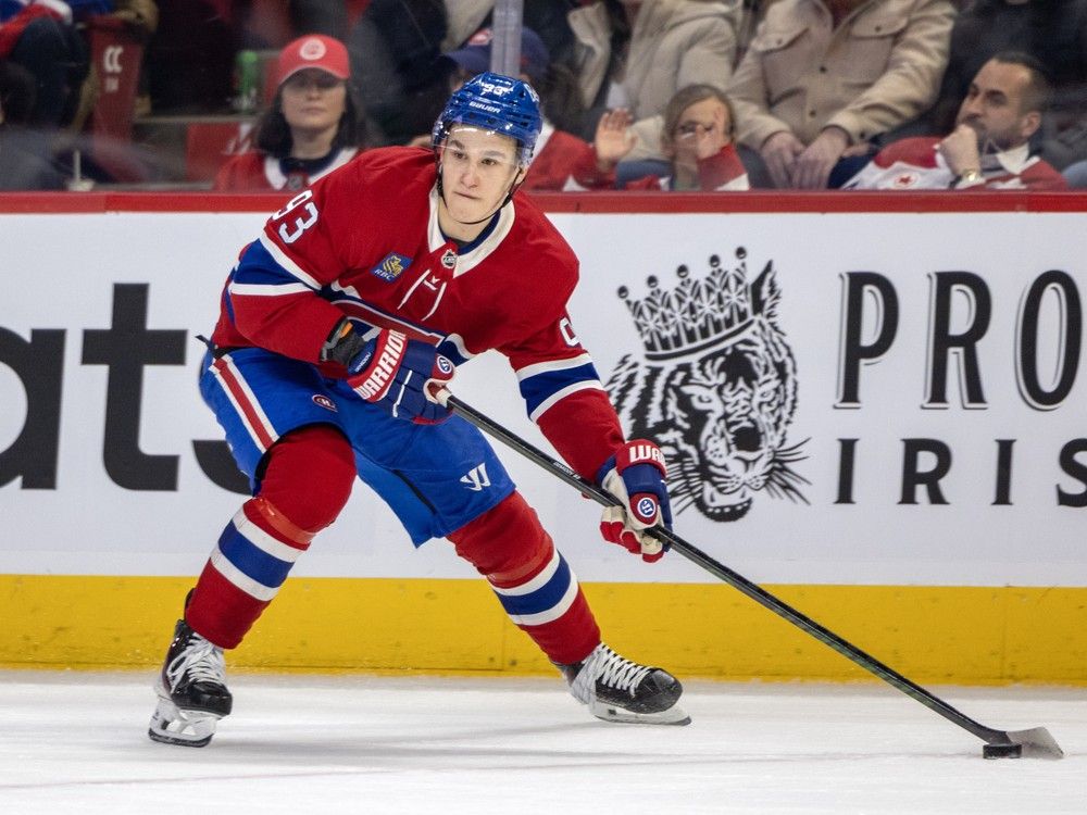 Canadiens rookie Ivan Demidov looks to pass during first period against the Vancouver Canucks in Montreal on Jan. 12, 2026.