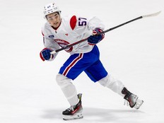 Laval Rocket forward Sean Farrell takes part in a scrimmage during Canadiens training camp in Brossard on Sept. 19, 2024.