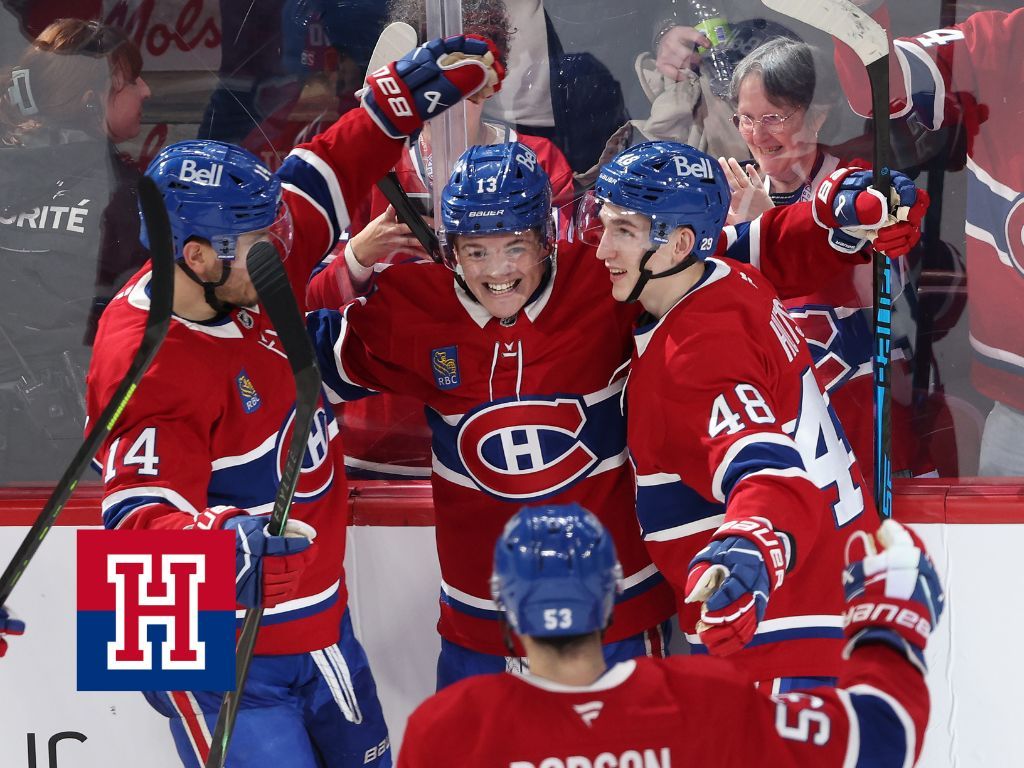 Montreal Canadiens' Cole Caufield (13) celebrates his game winning goal against the Minnesota Wild with his teammates Nick Suzuki (14), Lane Hutson (48) and Noah Dobson (53) during third period NHL action in Montreal on Tuesday January 20, 2026.
