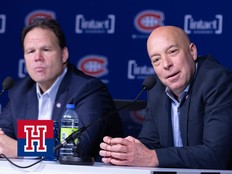 Jeff Gorton, Montreal Canadiens executive vice-president of hockey operations, left, and general manager Kent Hughes answer reporters' questions during post-season press conference at the Bell Centre in Montreal Monday May 5, 2025.