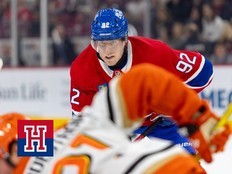 Montreal Canadiens Patrik Laine lines up for a faceoff during first period of National Hockey League game against the Anaheim Ducks in Montreal Monday December 9, 2024.