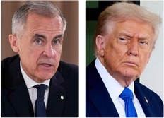 This combination of images shows Canada's Prime Minister Mark Carney on June 16, 2025, in Kananaskis, Canada, left, and President Donald Trump on Oct. 7, 2025, in Washington.