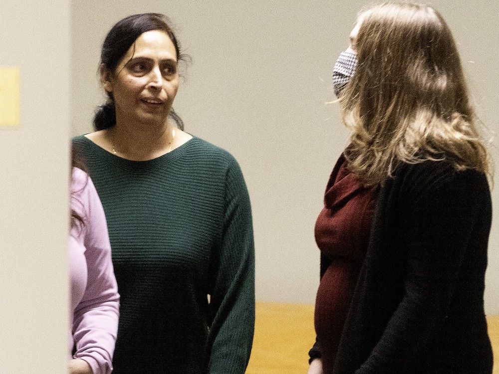  Rama Rani Arora, in green, outside Laval courthouse during break in her testimony on Tuesday.