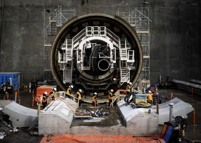  The massive tunnel-boring machine being used to create the Blue Line métro extension in Montreal was conceived in Germany by the company Herrenknecht and was custom-made for this project. It is seen on Monday, Feb. 23, 2026 at the new Vertières station.