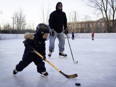 Four-year-old Lionel Pascual skates with his father, Alexis Aubin-Laperrière, at a rink in Montreal's Mile End neighbourhood on Feb. 19.