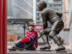 Guillaume Cheny, co-owner and hairdresser at Salon Helmet next to the Howie Morenz statue at the Bell Centre in Montreal on Thursday March 5, 2026. Cheny, originally from France, grew up as a big time soccer player but is now a huge Habs fan.