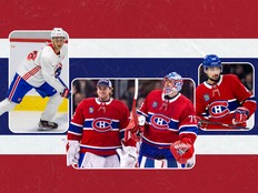 Habs goaltenders Jacob Fowler and Jakub Dobes are flanked by Michael Hage (left) and Alexandre Carrier (right) in this illustration