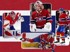 Montreal Canadiens players Jacob Fowler, Jayden Struble, Arber Xhekaj and Sam Montembeault are shown clockwise from top in this illustration.