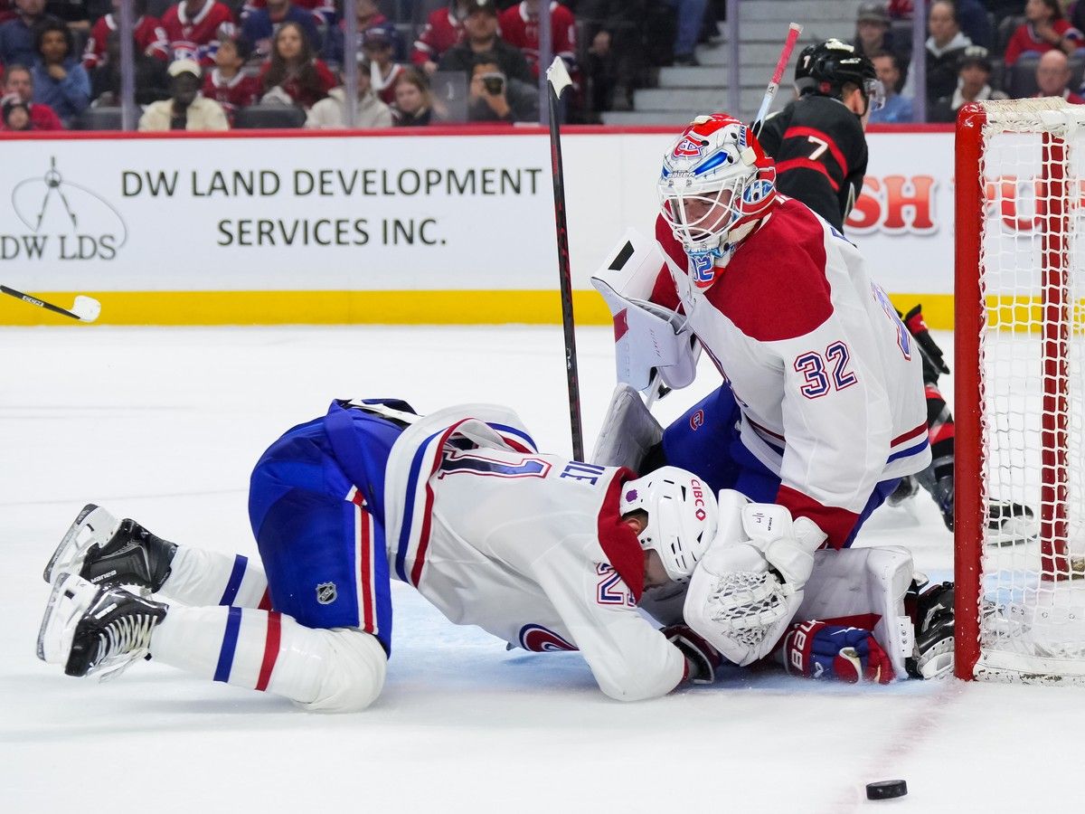  Canadiens defenceman Kaiden Guhle slides into Jacob Fowler during second period of 3-2 win over the Senators in Ottawa on Wednesday.