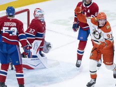 Anaheim Ducks' Leo Carlsson celebrates a goal by a teammate in front of Montreal Canadiens goaltender Jacob Fowler.