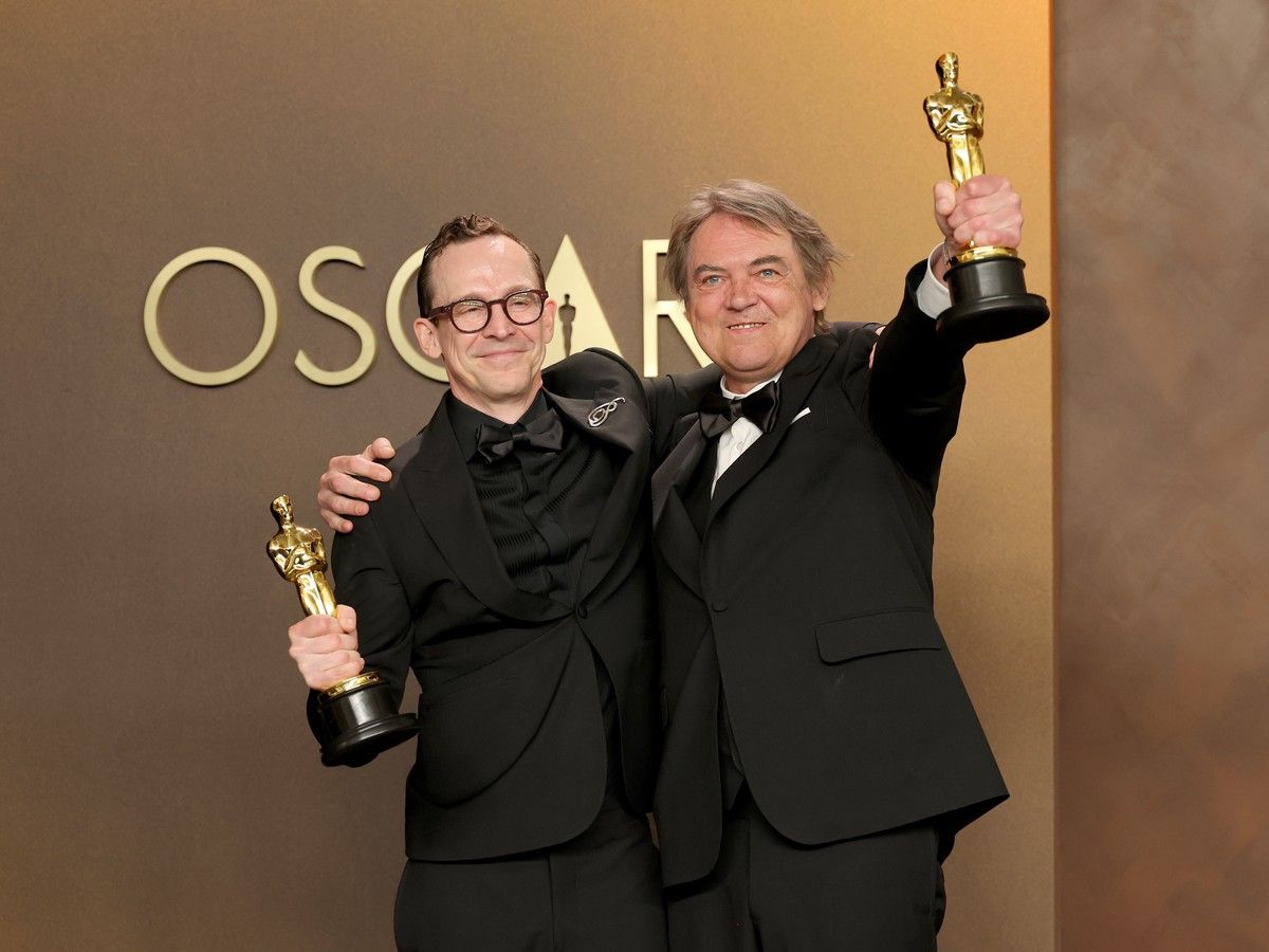 Chris Lavis, left, and Maciek Szczerbowski, winners of the Best Animated Short Film for The Girl Who Cried Pearls, pose in the press room during the 98th Oscars at Dolby Theatre on March 15, 2026 in Hollywood, Calif.