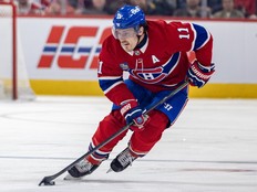Canadiens winger Brendan Gallagher handles the puck during third period against the Dallas Stars in Montreal on Nov. 13, 2025.